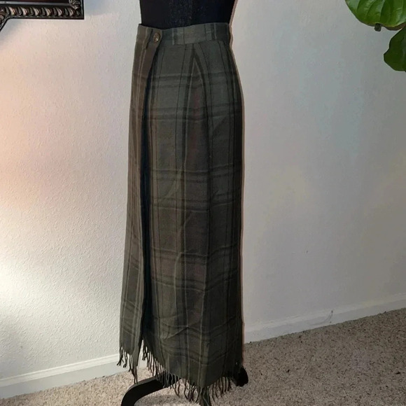 Ralph Lauren Women’s Vintage 80s 90s Olive Plaid Wool Fringe Preppy Skirt 10 - Picture 5 of 16